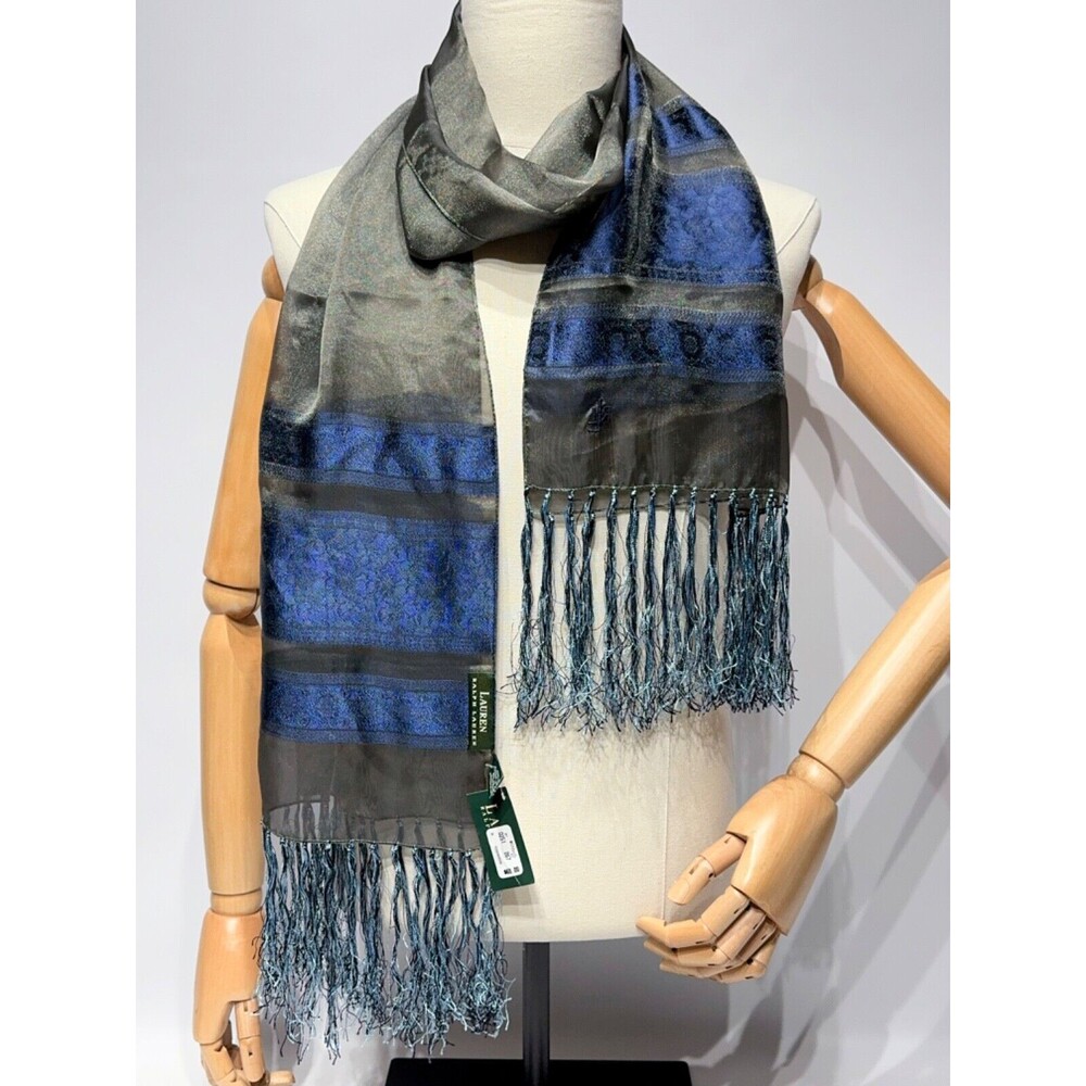 NWT $60 Lauren Ralph Lauren Italy Women’s Gray Blue Floral Fringe Scarf 69”x19”